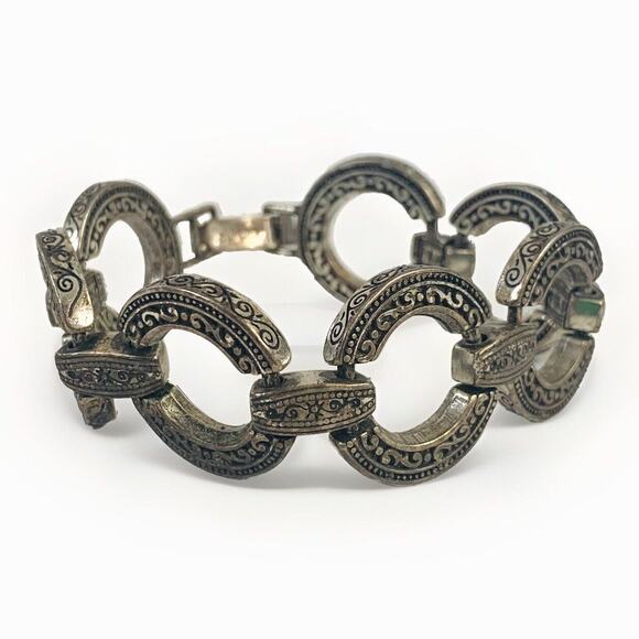 Vintage BRIGHTON Chunky Silver-Plated Southwestern Scrolled Circle Link Bracelet - Picture 2 of 4